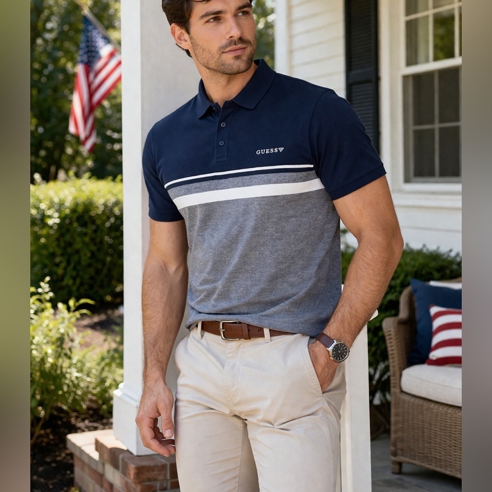 GUESS Men’s Navy & Heather Grey/blue Striped/Color block Polo NWT